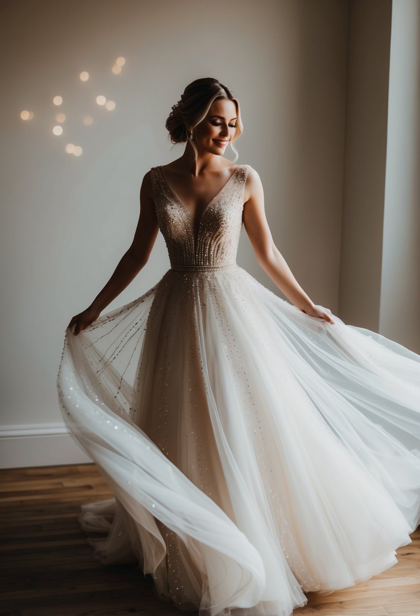 A bride twirls in a flowing, beaded tulle wedding dress, catching the light with subtle sparkling details