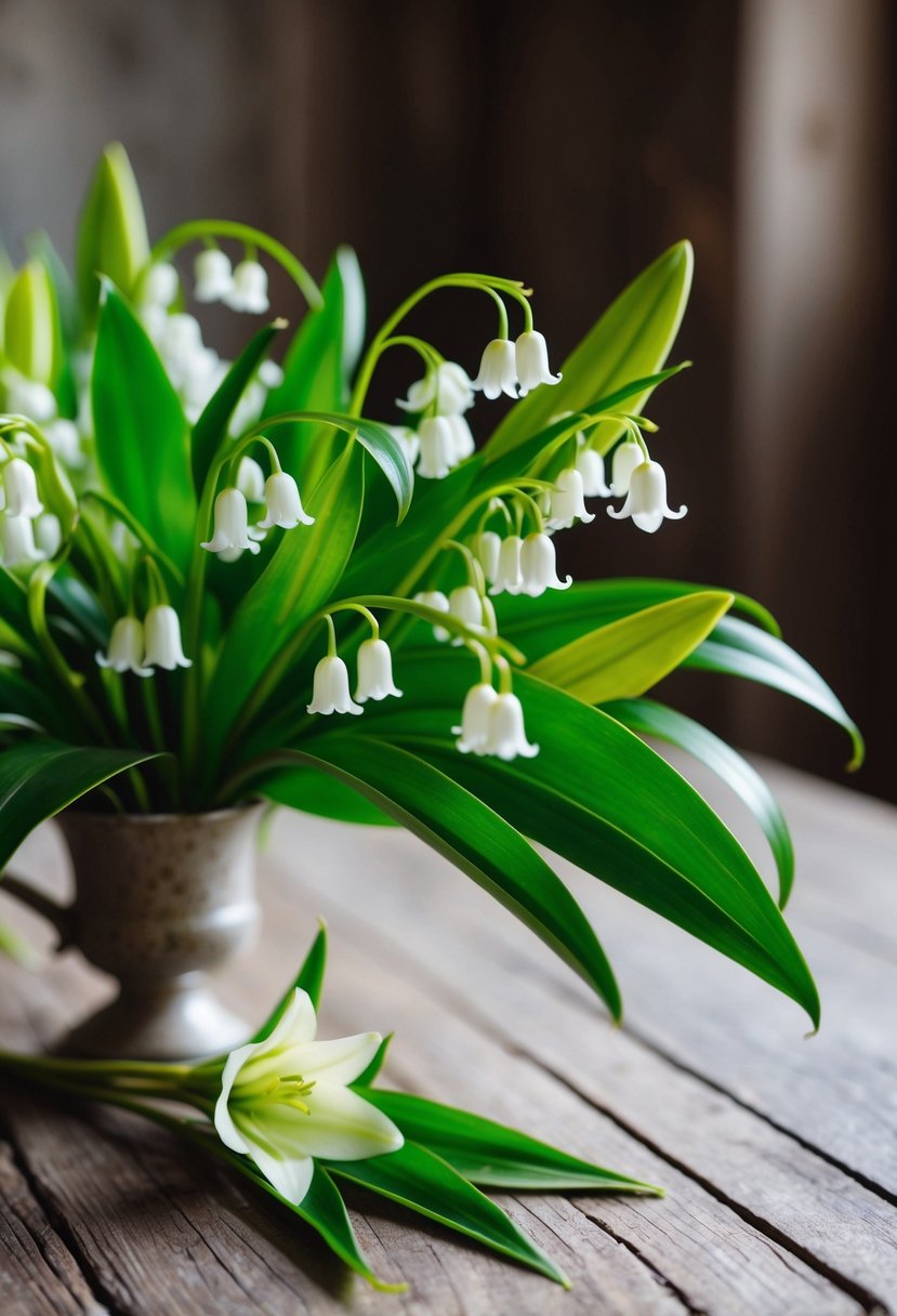 A delicate lily of the valley bouquet, accented with olive leaves and May lilies, rests on a rustic wooden table