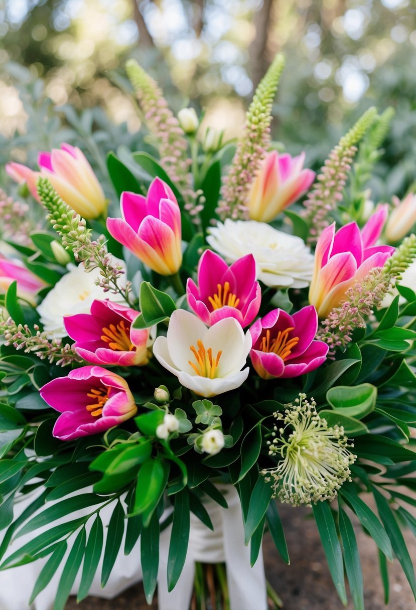 A bridal bouquet featuring vibrant Australian freesia flowers, surrounded by lush greenery and delicate filler blooms