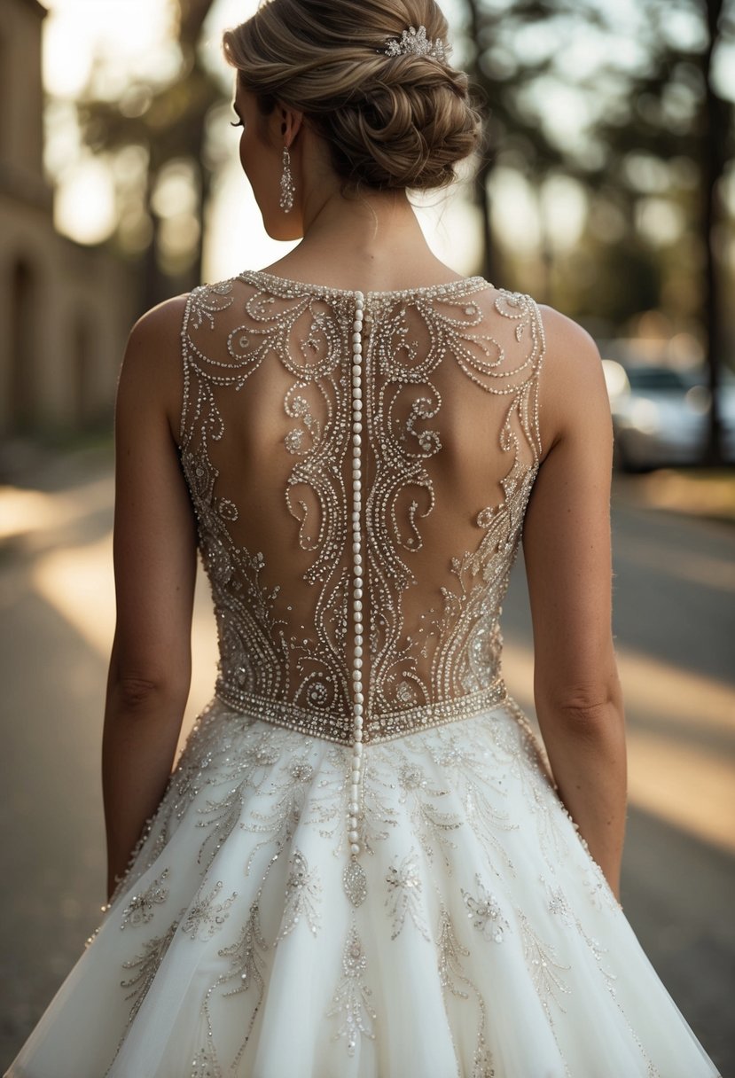 A beaded wedding dress with a dramatic back design, featuring intricate beadwork cascading down the back in an elegant and eye-catching pattern