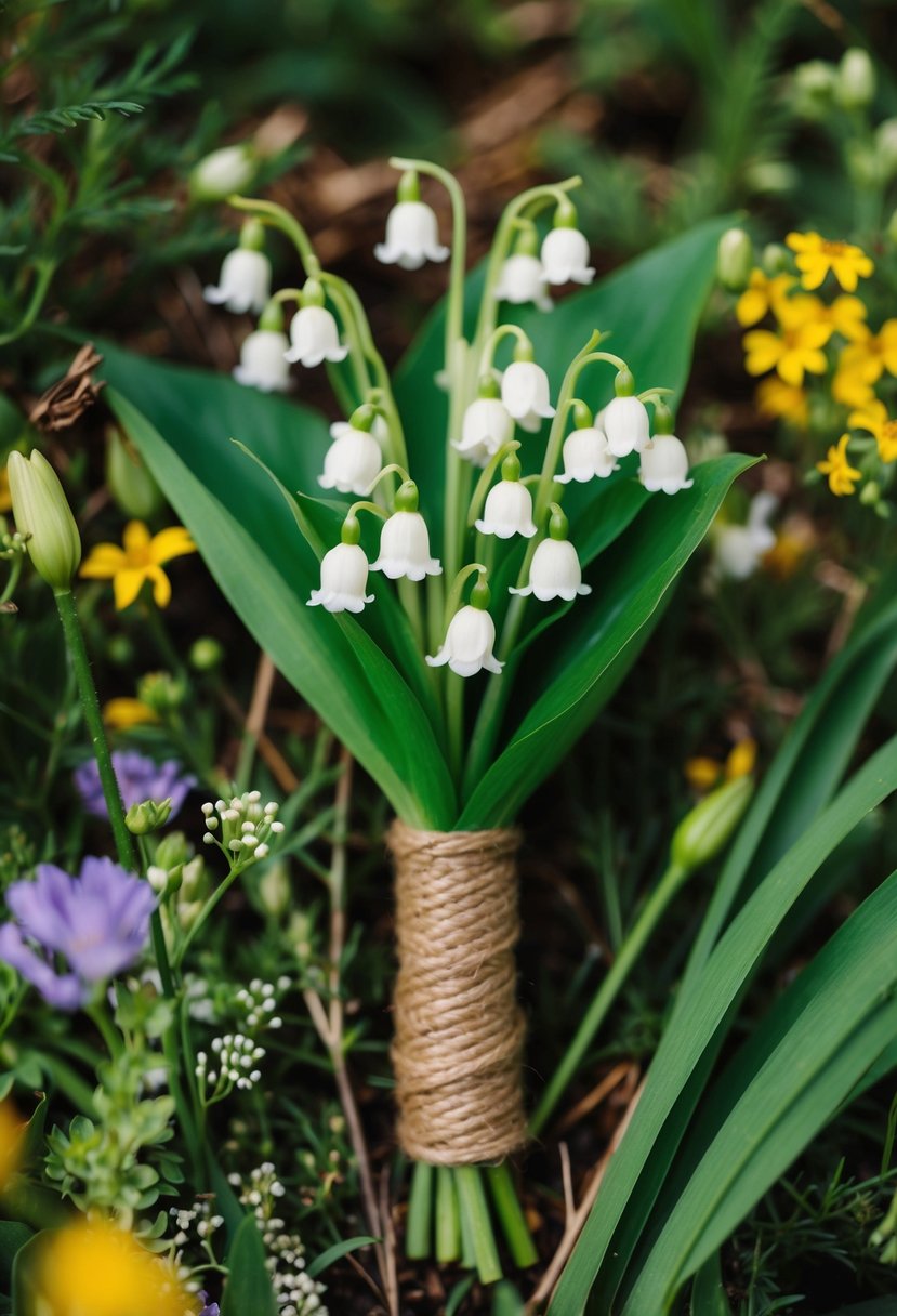 A rustic twine-wrapped boutonniere of lily of the valley, nestled among wildflowers and greenery