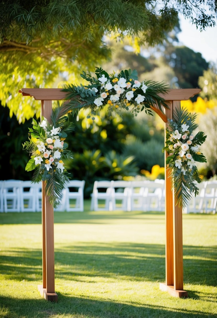 A wooden wedding arbour adorned with native Australian flowers stands in a sunlit garden