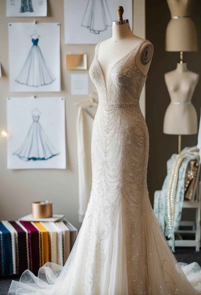 A sparkling custom beaded wedding gown on a mannequin, surrounded by design sketches and fabric swatches