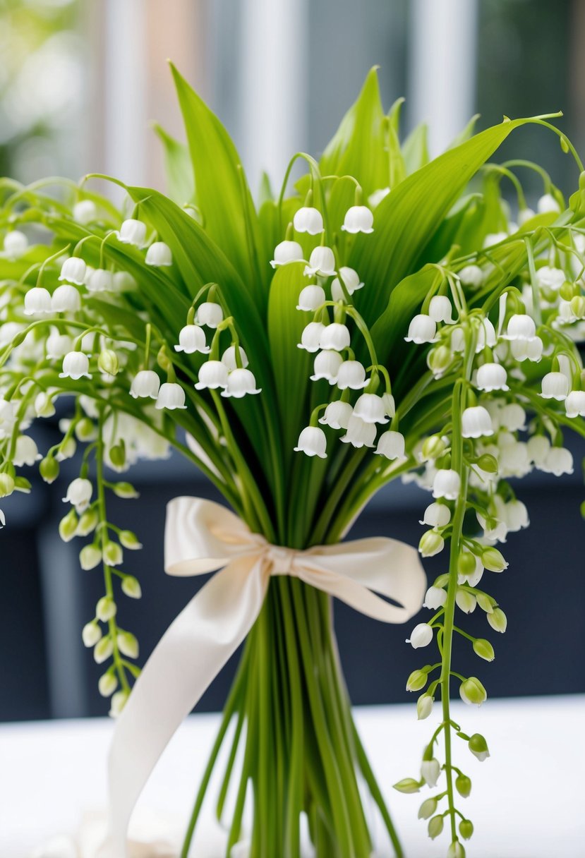 A delicate lily of the valley bouquet with cascading greenery and white blossoms, tied with a satin ribbon