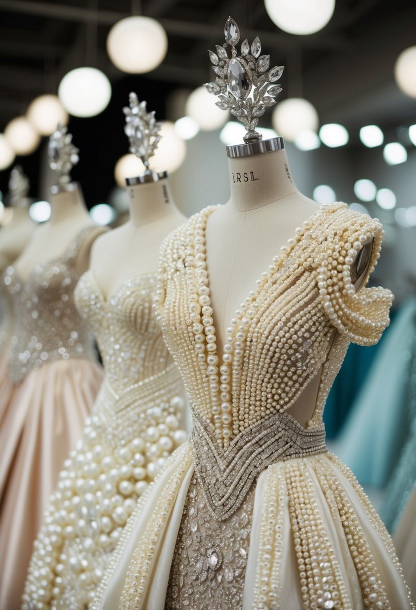 A collection of opulent pearl dresses adorned with intricate beadwork, exuding glamour and luxury