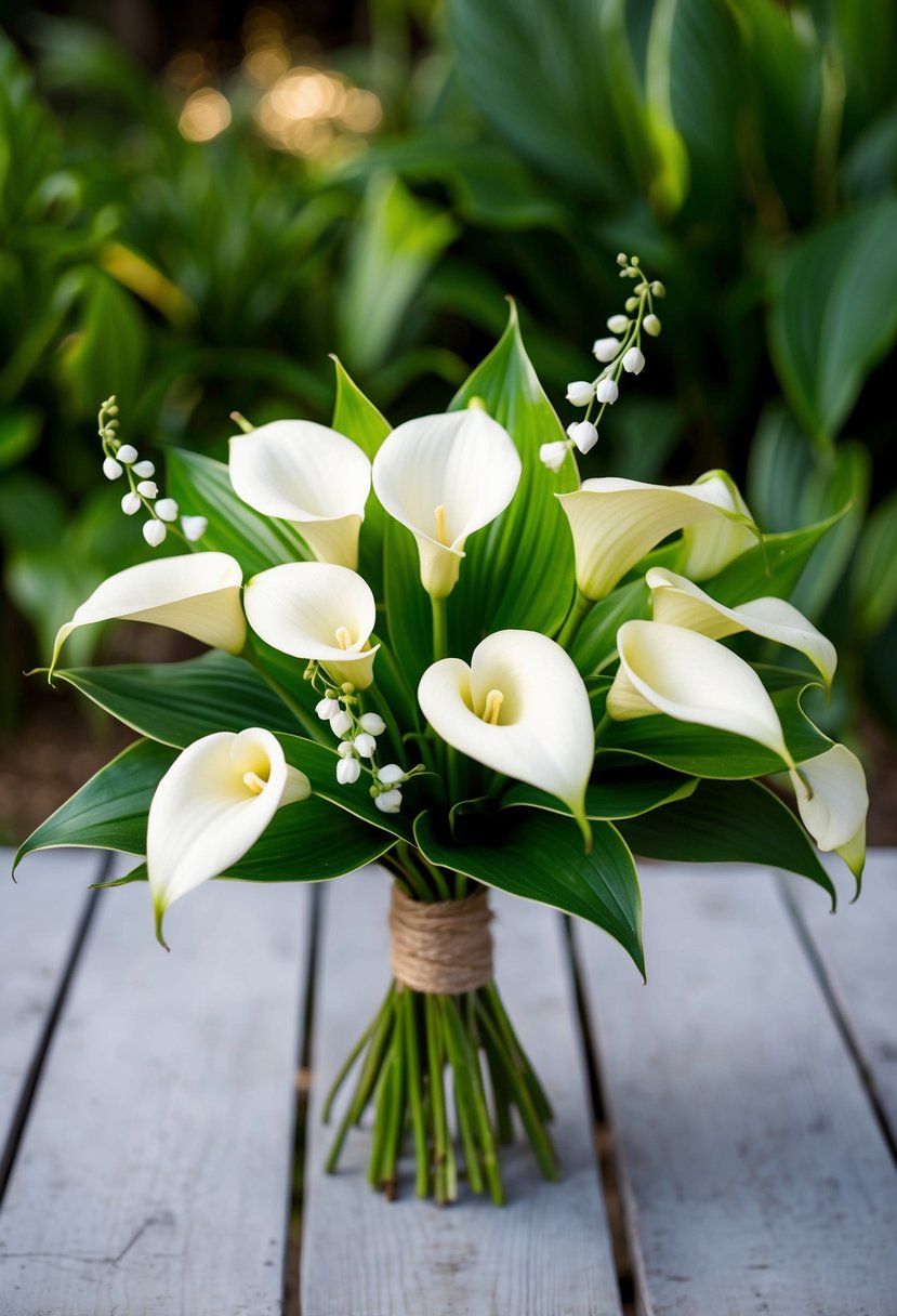 A delicate Calla Lily and Hosta bouquet arranged in a rustic, DIY style for a wedding, with lily of the valley accents