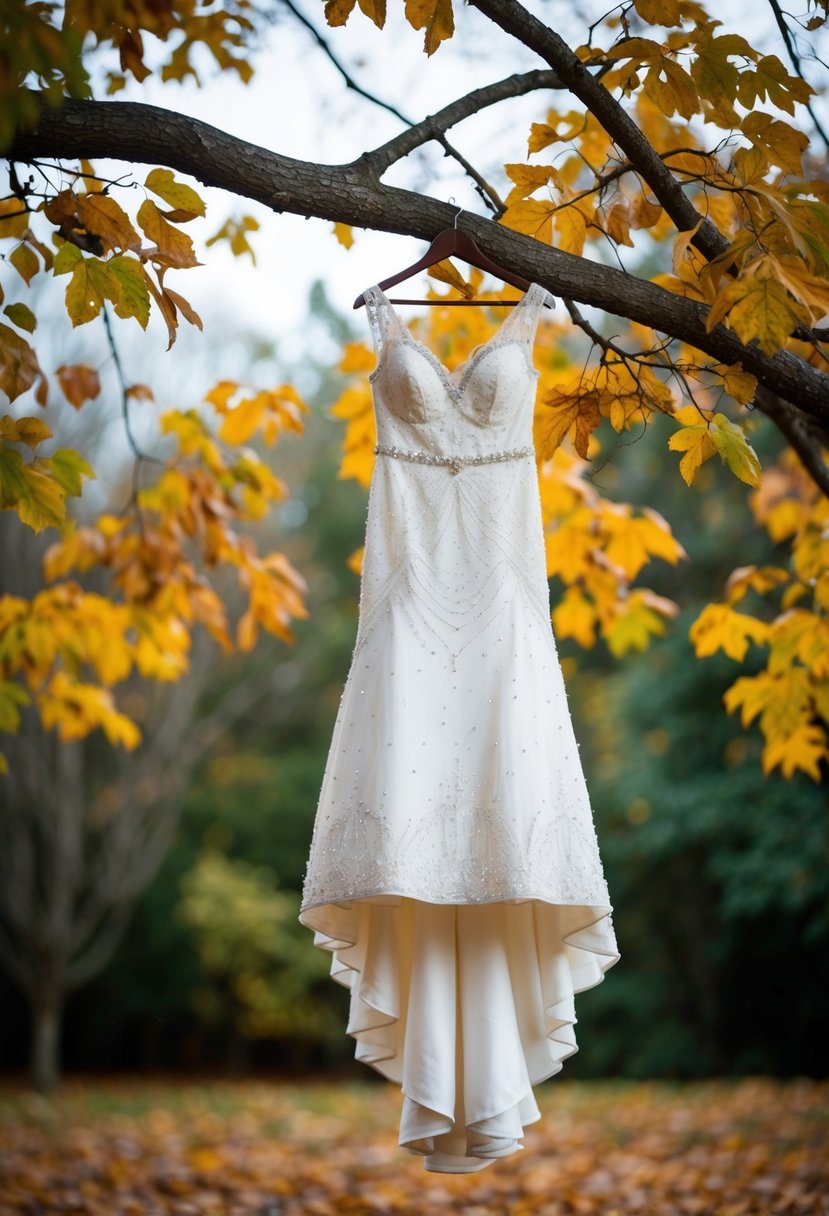 A beaded wedding dress hanging from a tree branch, surrounded by fallen leaves and autumn foliage