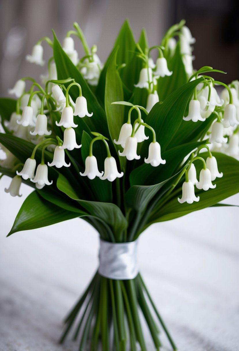 A delicate bunch of artificial white lily of the valley blossoms arranged in a wedding bouquet, with green leaves and stems