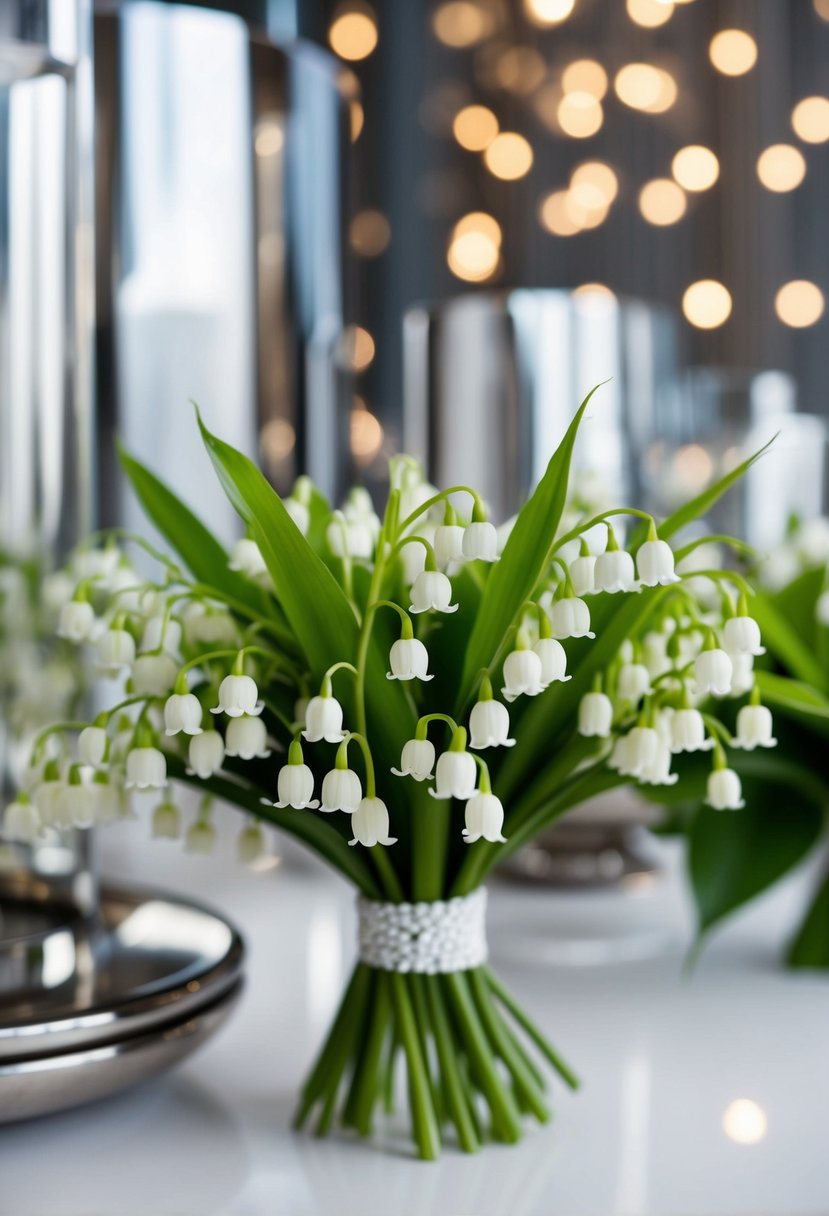 A delicate lily of the valley wedding bouquet nestled among sleek, modern decor with a hint of vintage charm