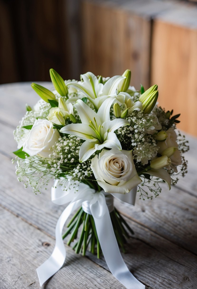 A white wedding bouquet with roses, lilies, and baby's breath, tied with satin ribbon, sits on a rustic wooden table