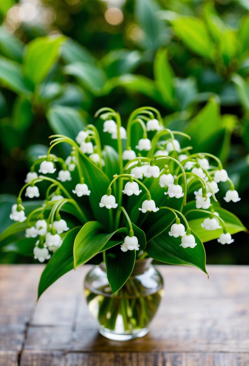 A lush bouquet of lily of the valley with vibrant green viburnum accents