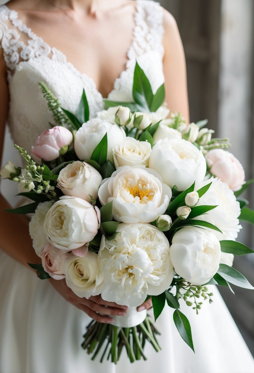 A white wedding bouquet with a mix of classic roses and peonies arranged in an elegant and romantic composition