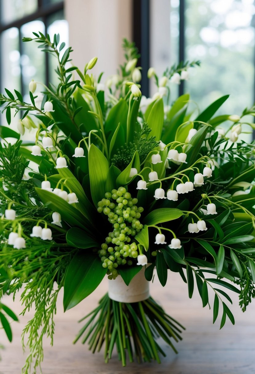 A lush bouquet of delicate olive greenery and lily of the valley, arranged in a cascading blend of natural beauty