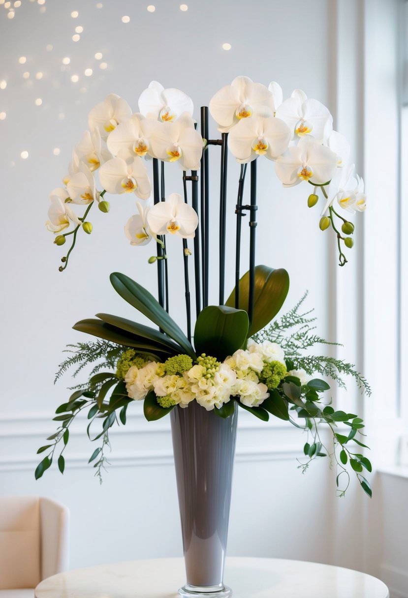 A tall, slender vase holds a lush arrangement of elegant white orchids, accented with delicate greenery and set against a clean, white background