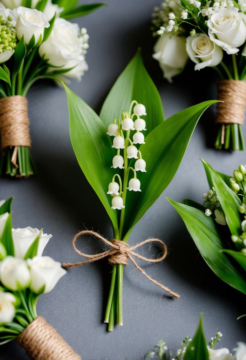 A boutonniere of lily of the valley tied with twine, surrounded by other wedding bouquet ideas