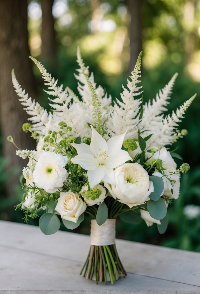 A white wedding bouquet featuring delicate Astilbe and Veronica flowers, arranged in a rustic and natural style