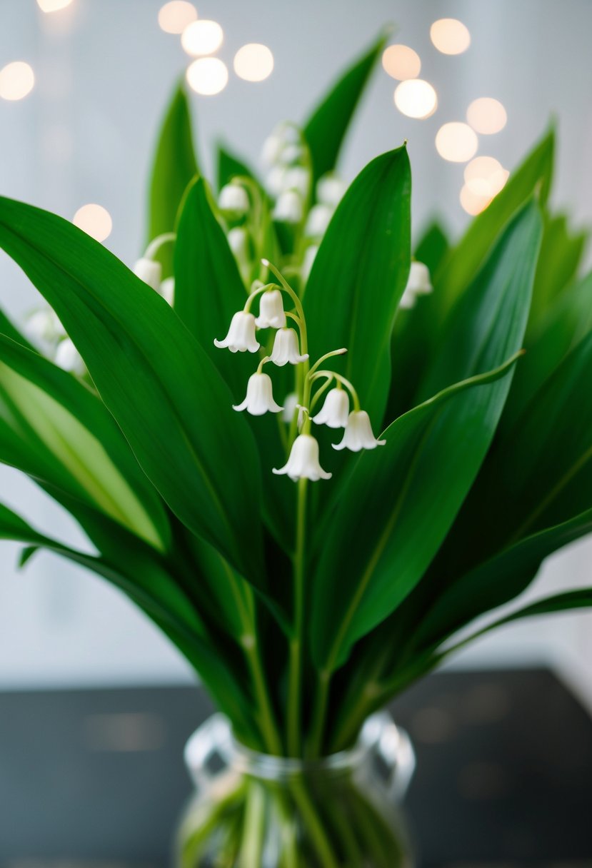 Lush green leaves surround a delicate lily of the valley bouquet