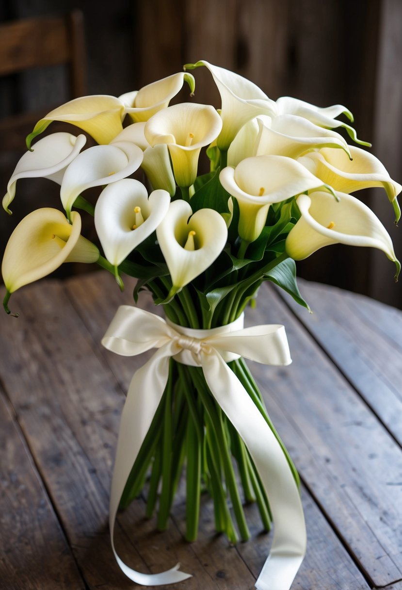 A lush bouquet of calla lilies in various shades of white and cream, tied together with a satin ribbon, sits on a rustic wooden table