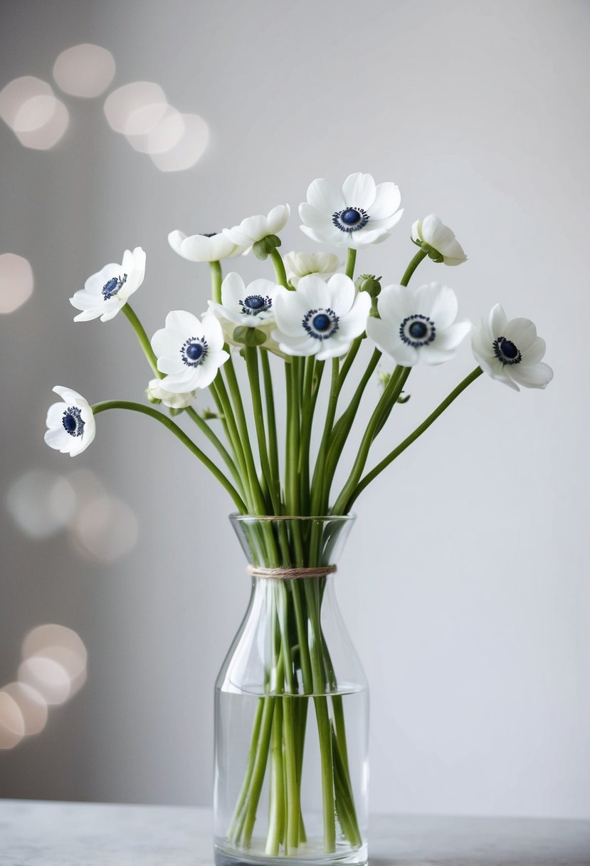 A simple glass vase holds a cluster of delicate white anemones, their slender stems arranged in a perfect, minimalist bouquet