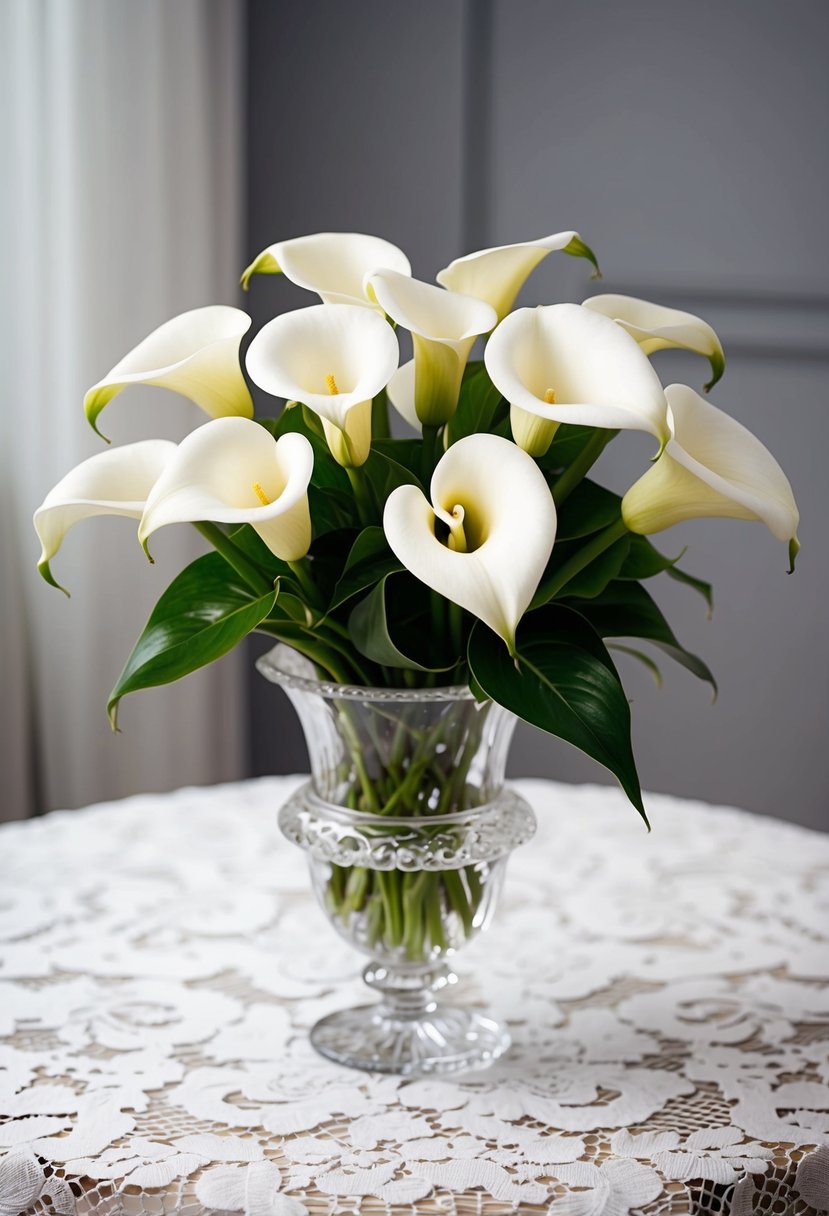 A classic white calla lily and rose bouquet, nestled in a crystal vase on a lace-covered table