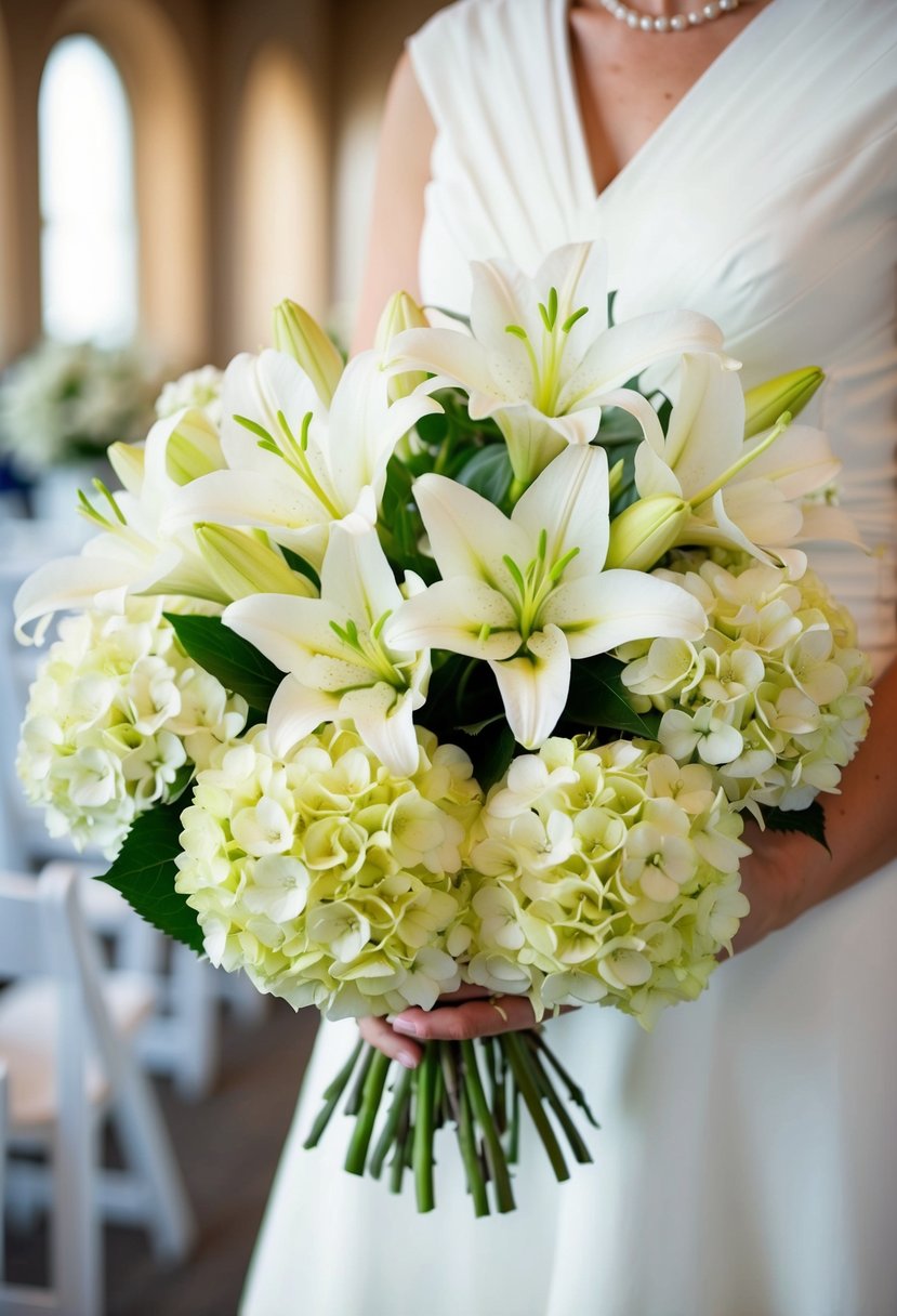 A cluster of white lilies and hydrangeas arranged in a traditional wedding bouquet