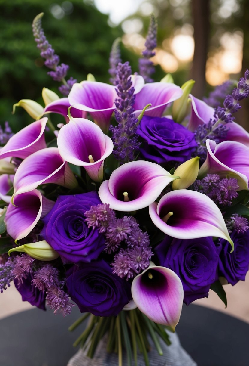 A lush bouquet of purple calla lilies and lavender, arranged in an elegant wedding bouquet