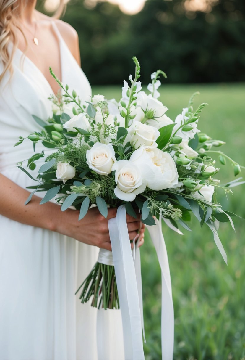 A white wedding bouquet of sweet peas, roses, and greenery arranged in a loose, bohemian style with flowing ribbons