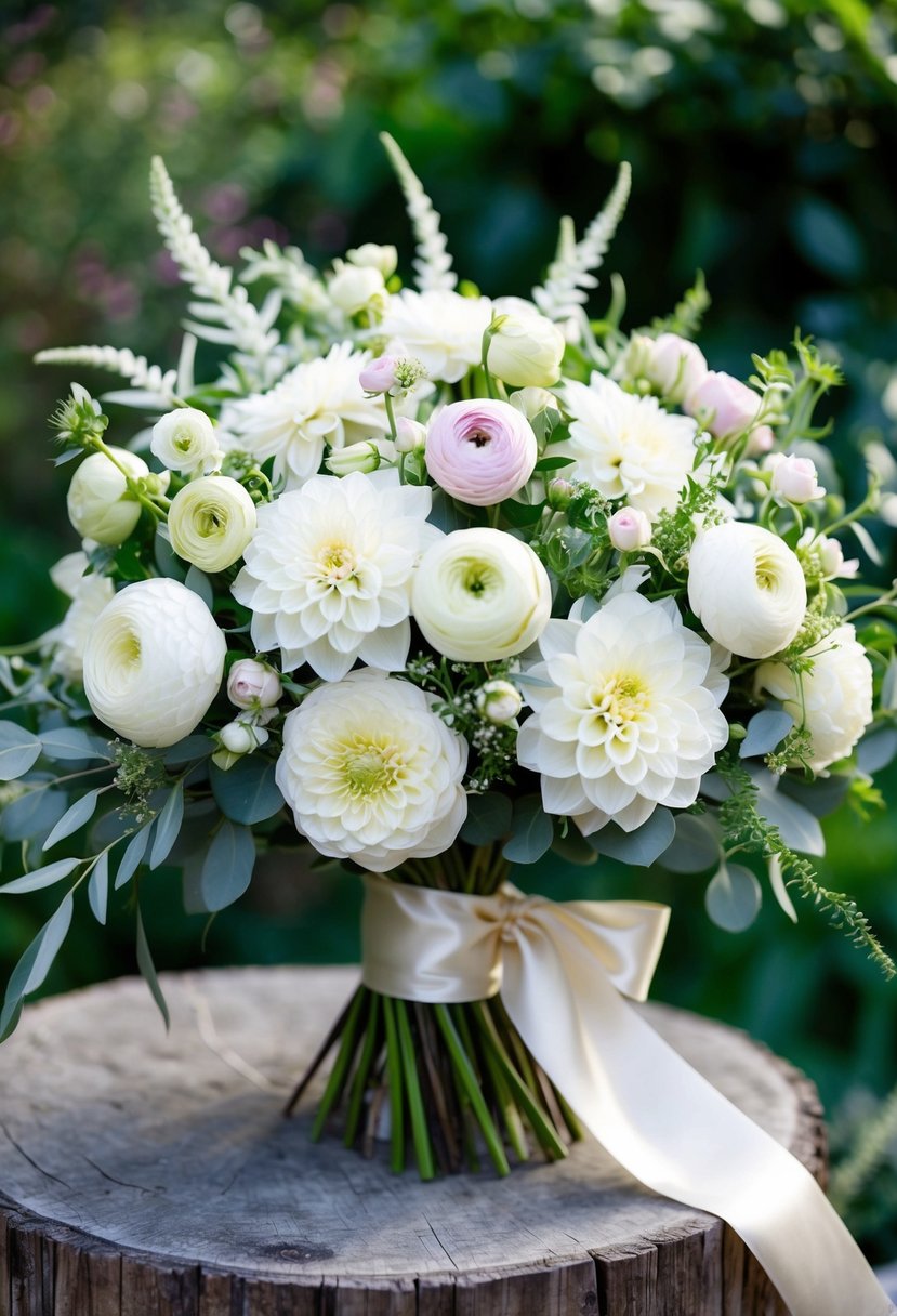 A lush, whimsical bouquet featuring white dahlia and ranunculus flowers, intertwined with delicate greenery and tied with a satin ribbon