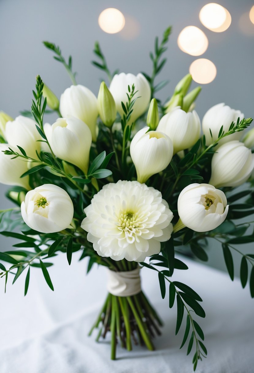 A bunch of pure white stephanotis flowers arranged in a wedding bouquet, with delicate green leaves and stems