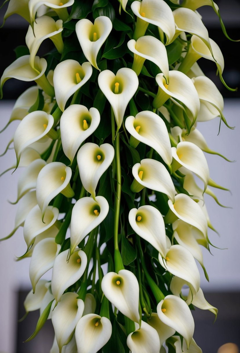 A cascading bouquet of white and green calla lilies