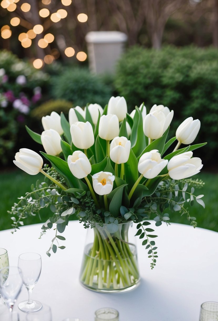 A delicate white tulip bouquet arranged with green foliage in a garden-inspired setting, with soft natural lighting