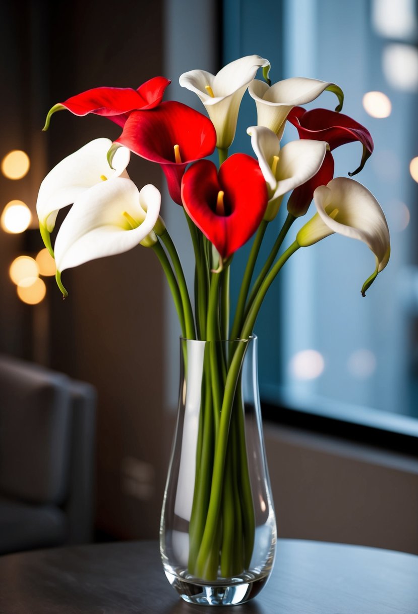 A modern arrangement of red and white calla lilies in a sleek vase