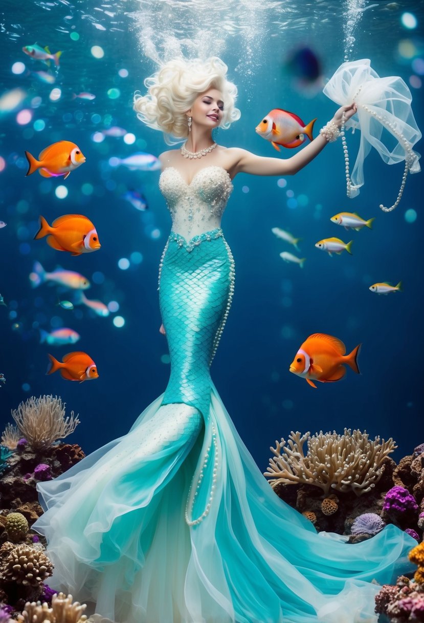 A mermaid wedding dress flowing underwater, adorned with pearls and sea-inspired details, surrounded by colorful fish and coral