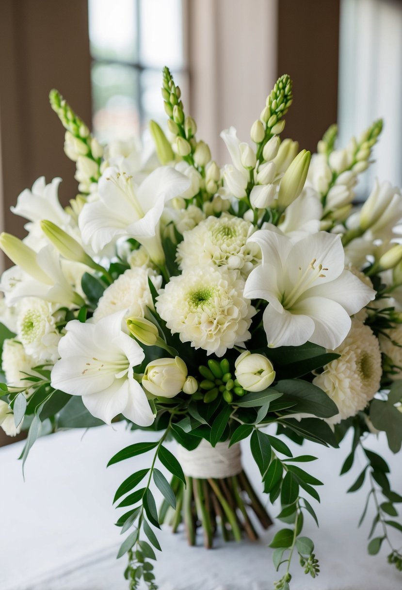 A white wedding bouquet featuring delicate Lisianthus and Stock flowers, arranged in a graceful, flowing design