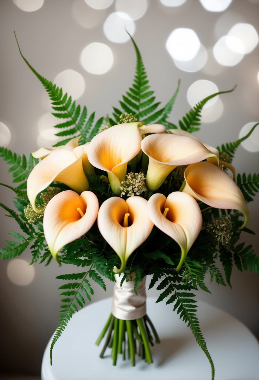 A bouquet of peach calla lilies and ferns arranged in a delicate wedding bouquet