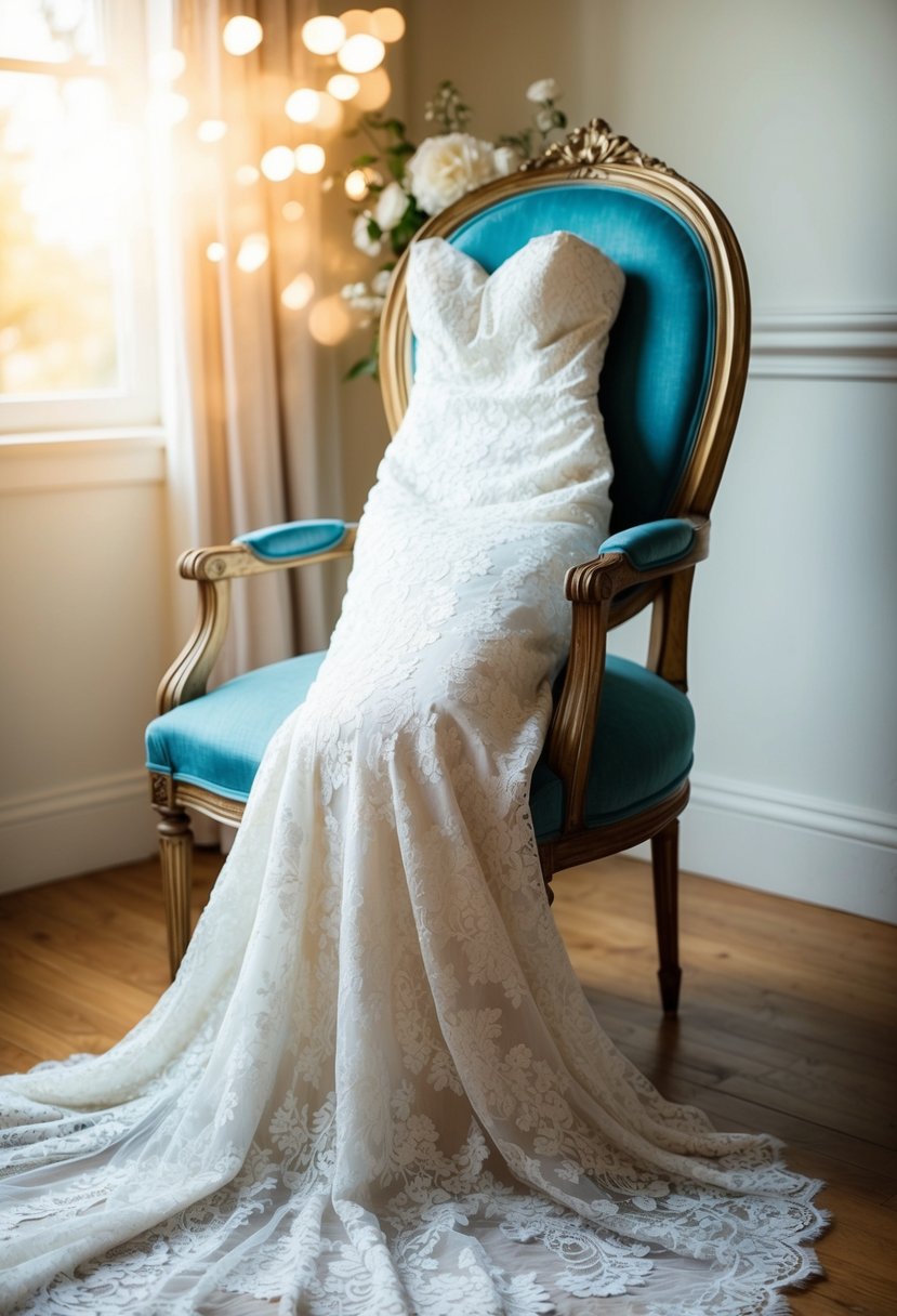 A classic lace mermaid gown draped over a vintage chair in a sunlit room with soft, romantic decor