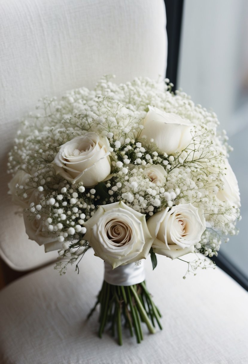 A delicate white wedding bouquet featuring baby's breath and roses, arranged in a harmonious and elegant composition