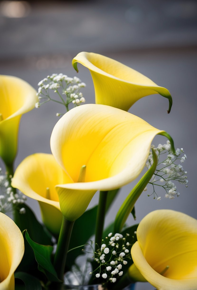 A simple yellow calla lily bouquet with baby's breath