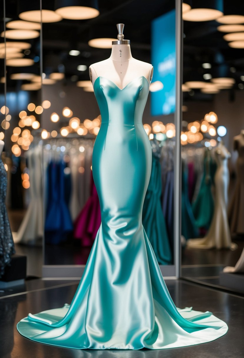 A modern satin mermaid dress displayed on a sleek mannequin