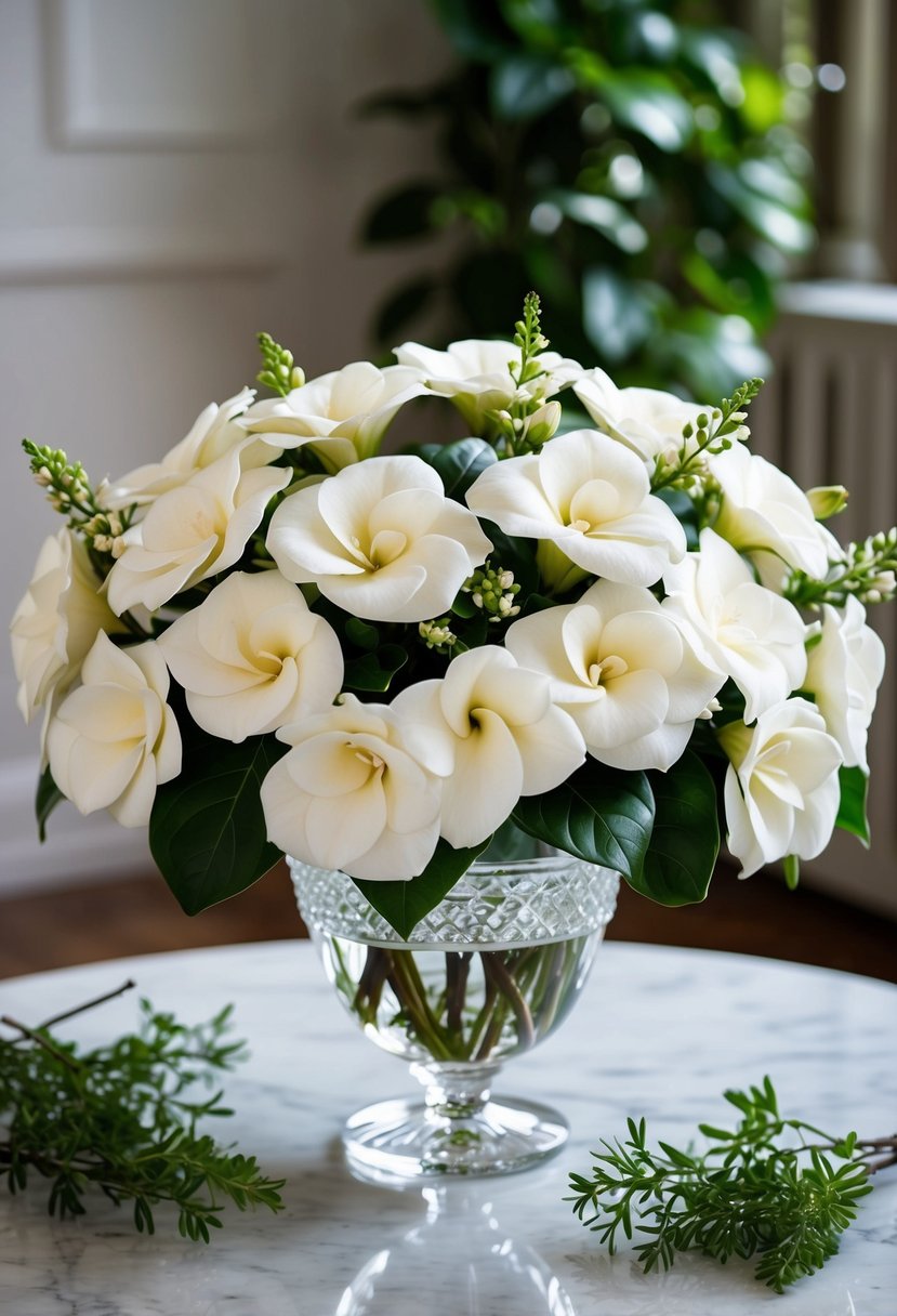 A lush arrangement of white gardenias, interspersed with delicate greenery, sits in a crystal vase on a marble table