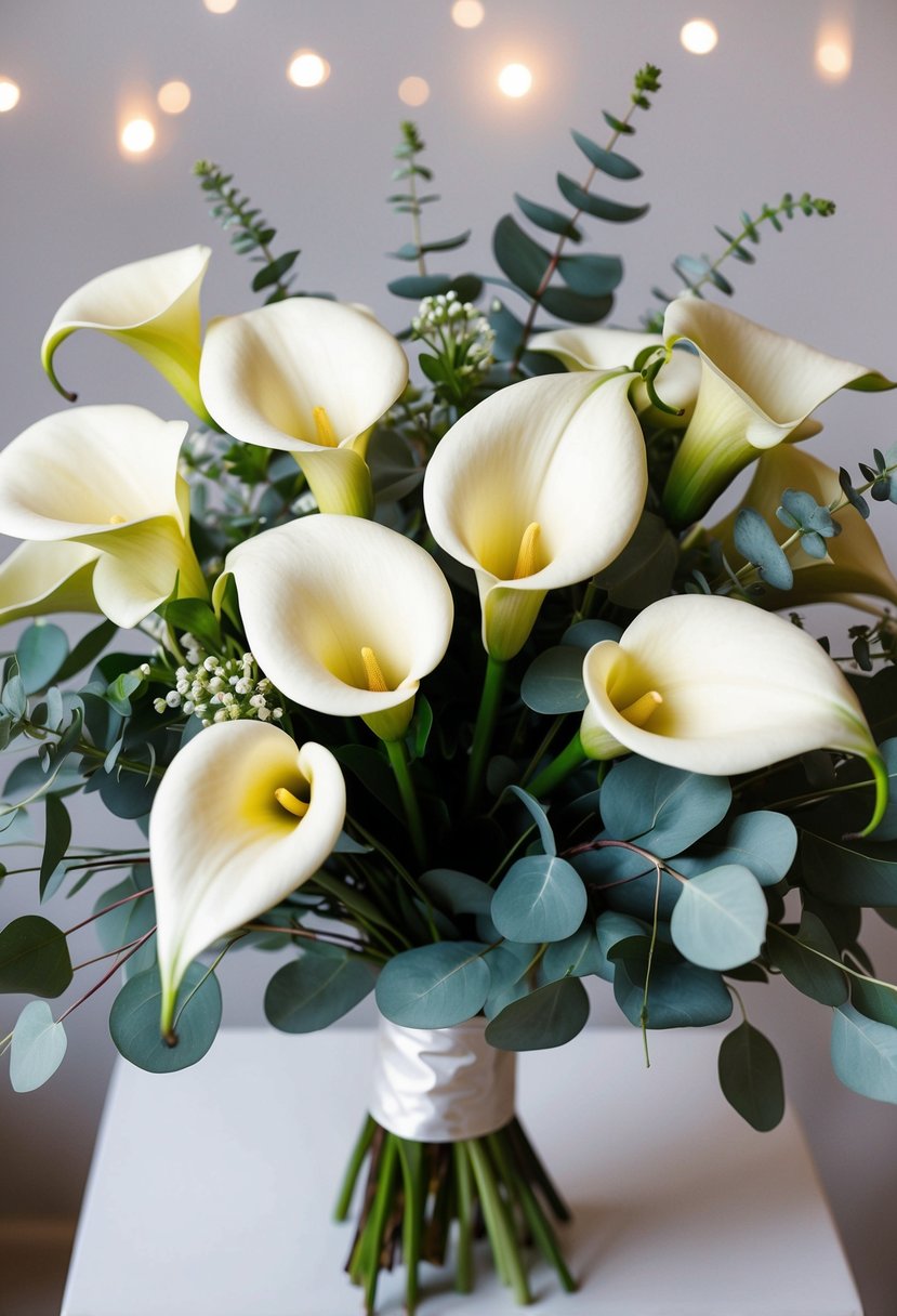 A bouquet of ivory calla lilies and eucalyptus leaves arranged in a stunning wedding bouquet