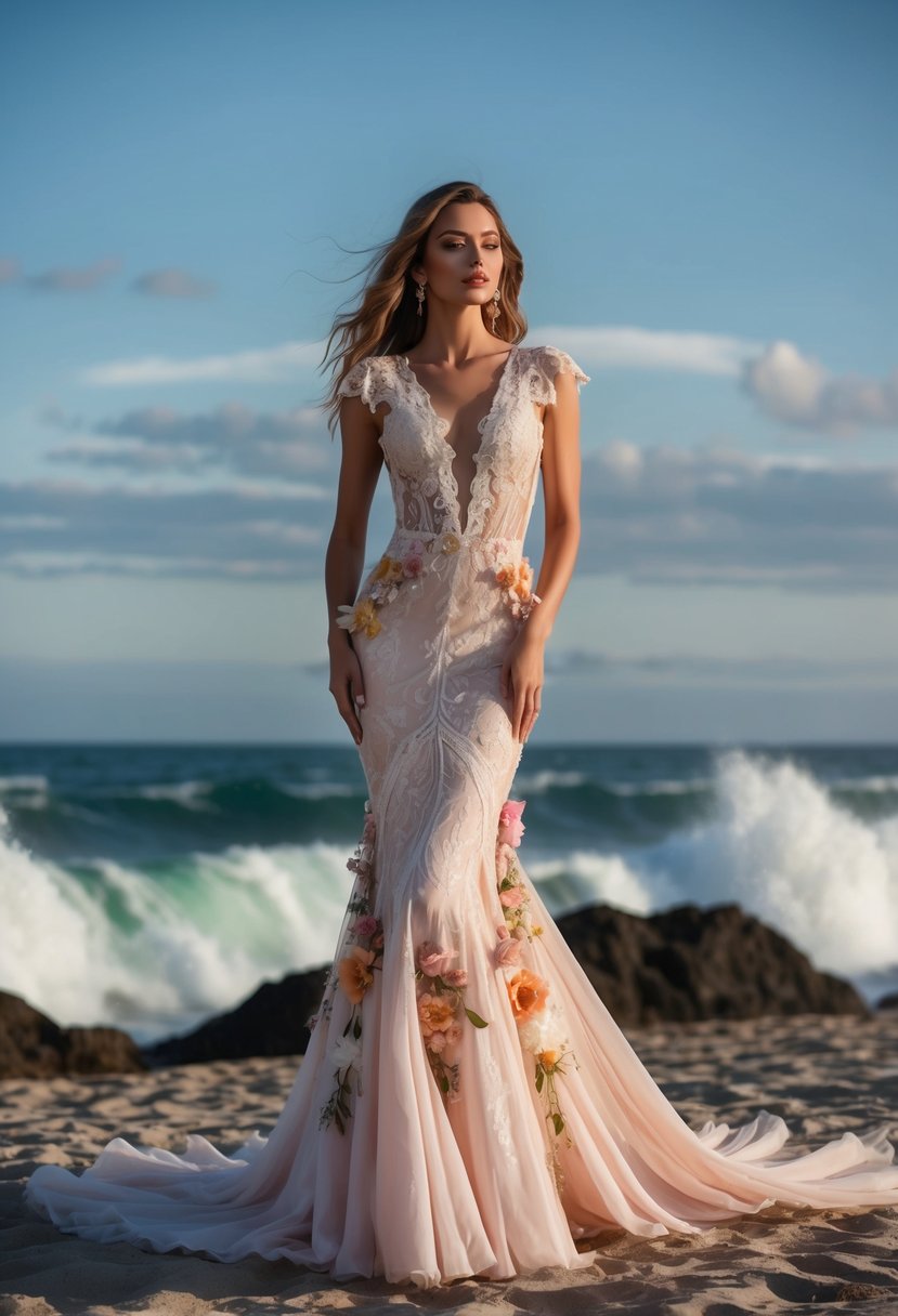 A flowing mermaid gown with bohemian details, adorned with lace, flowers, and flowing fabric, set against a beach backdrop with crashing waves and a sunset sky