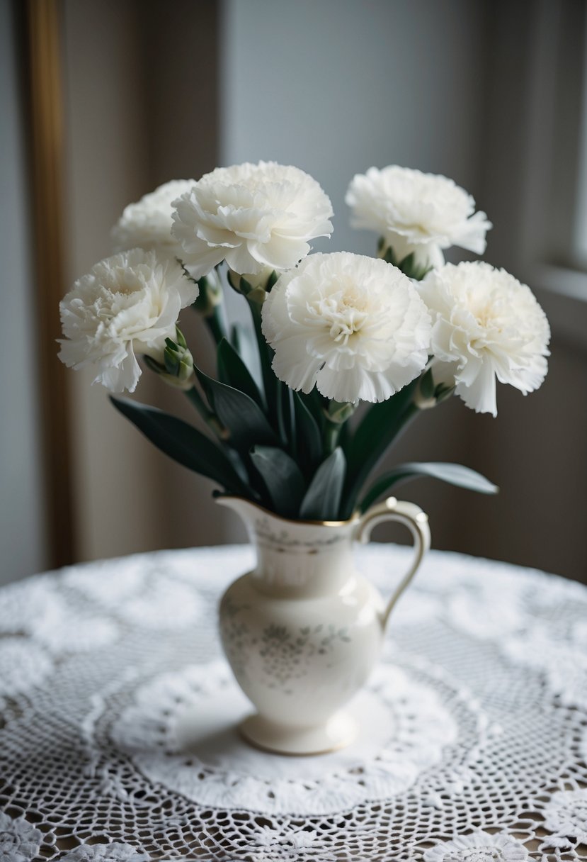 A vintage white carnation bouquet sits in a delicate vase on a lace-covered table