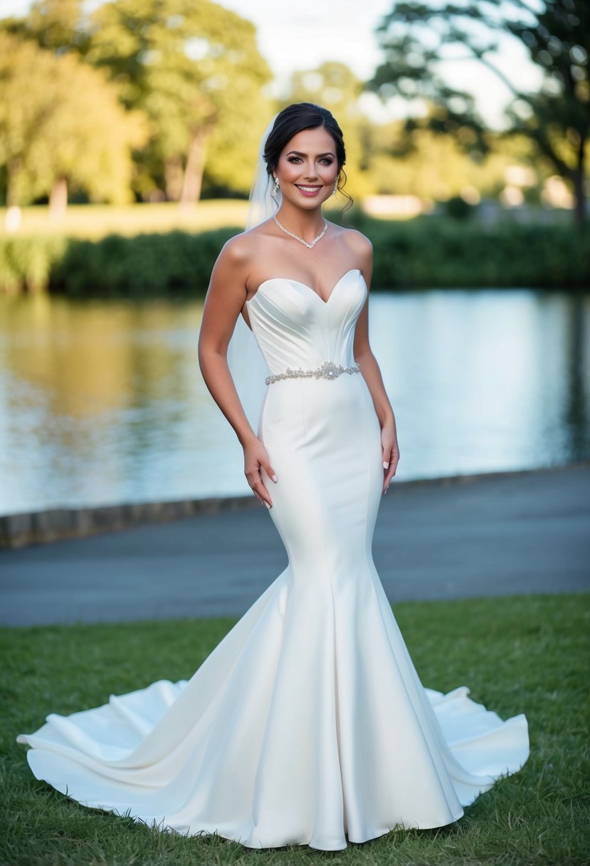 A bride stands in a mermaid wedding dress with a sweetheart neckline, the fabric flowing gracefully around her feet