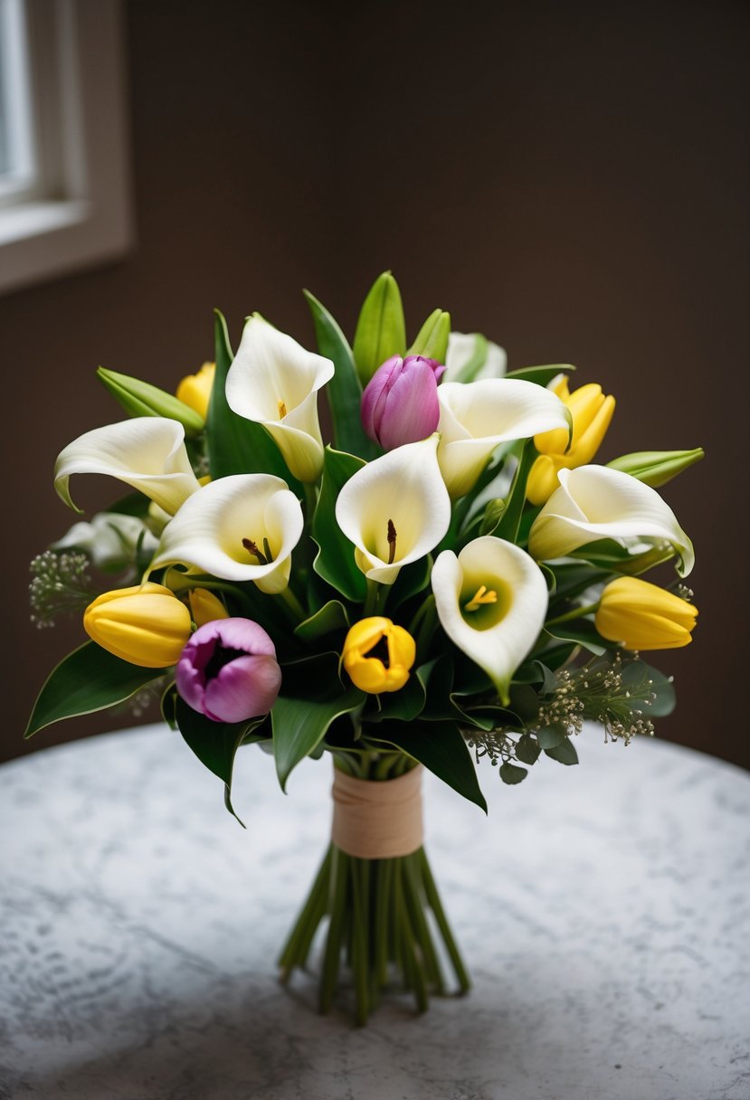 A vintage style bouquet featuring calla lilies and tulips arranged in a romantic and elegant manner