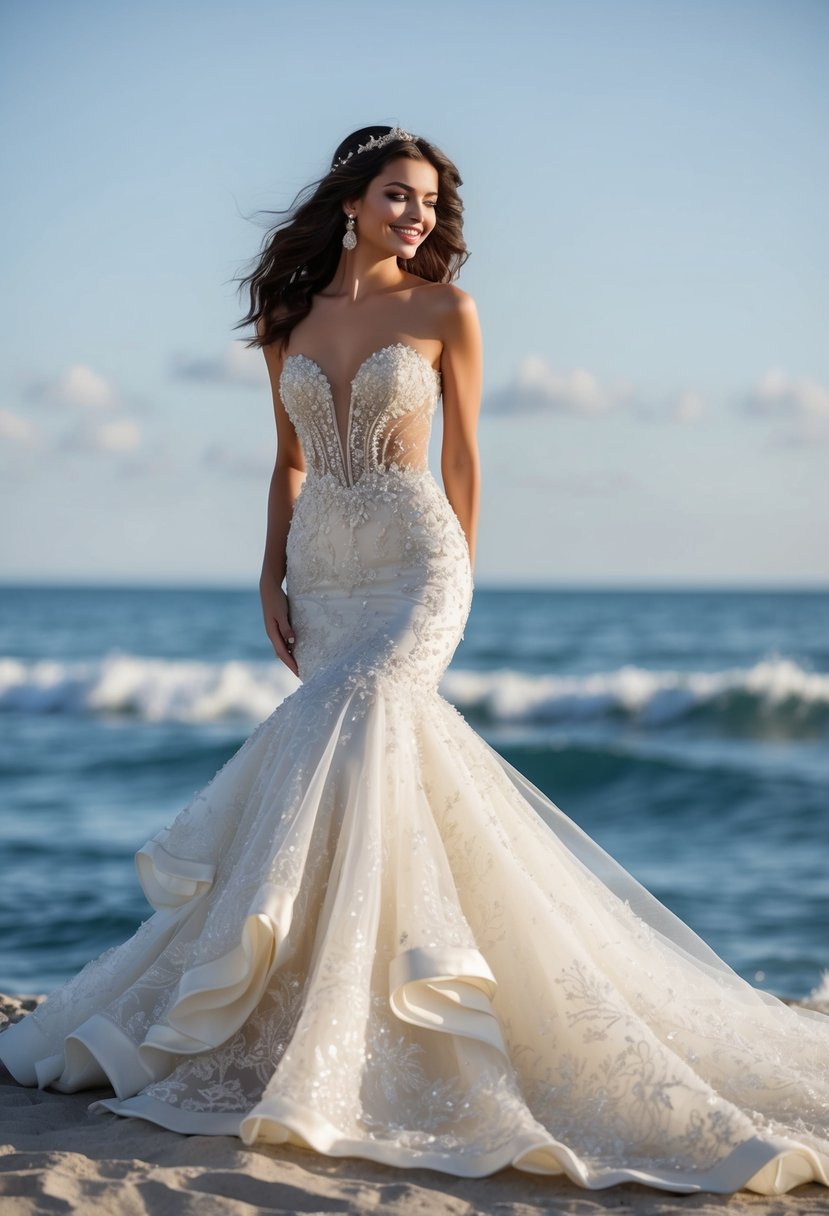 A mermaid gown cascades like waves, adorned with delicate lace and shimmering beads, creating a sheer illusion fit for a seaside wedding