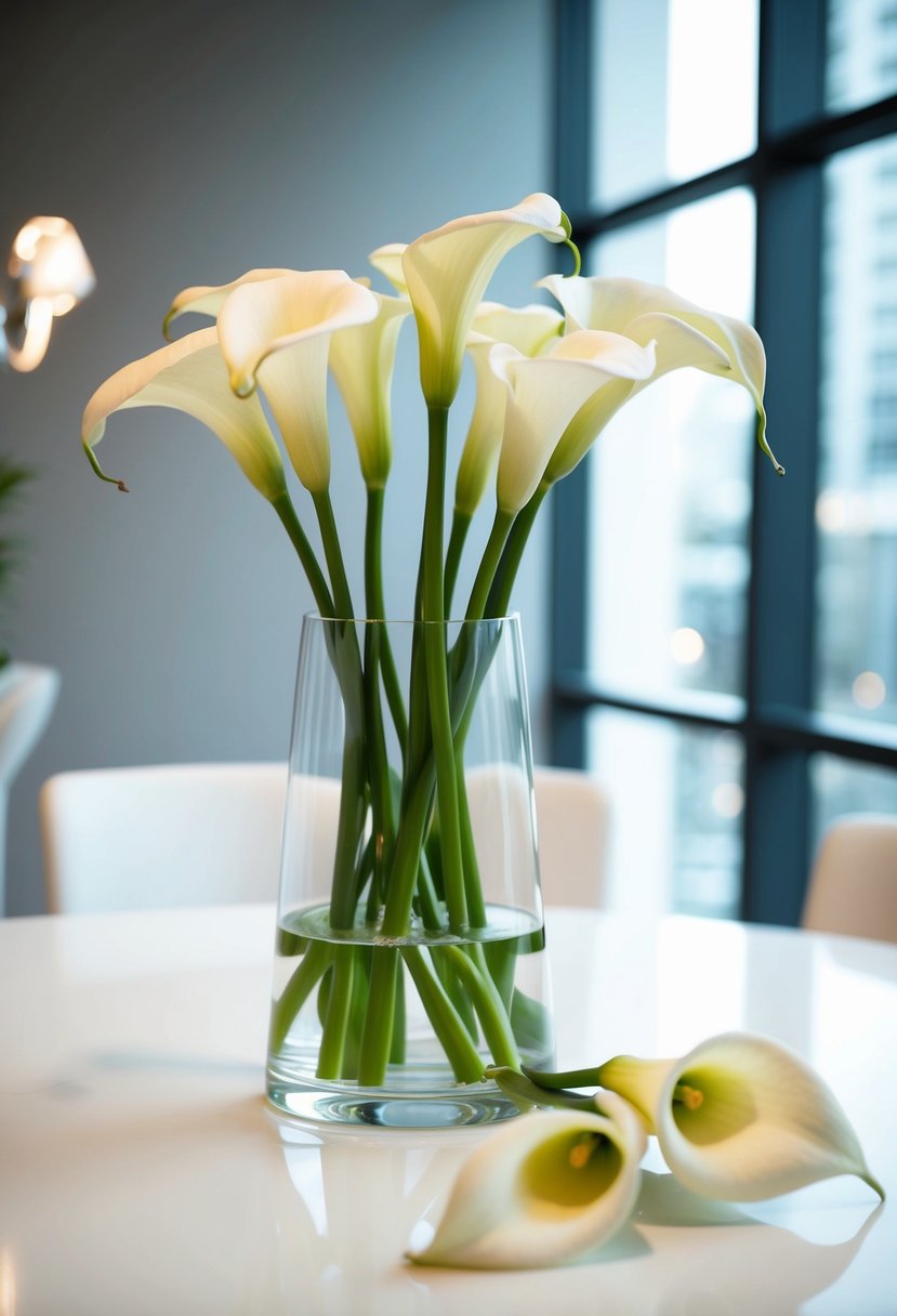 A modern white calla lily arrangement sits in a clear glass vase, with a few stems spilling out onto a white table