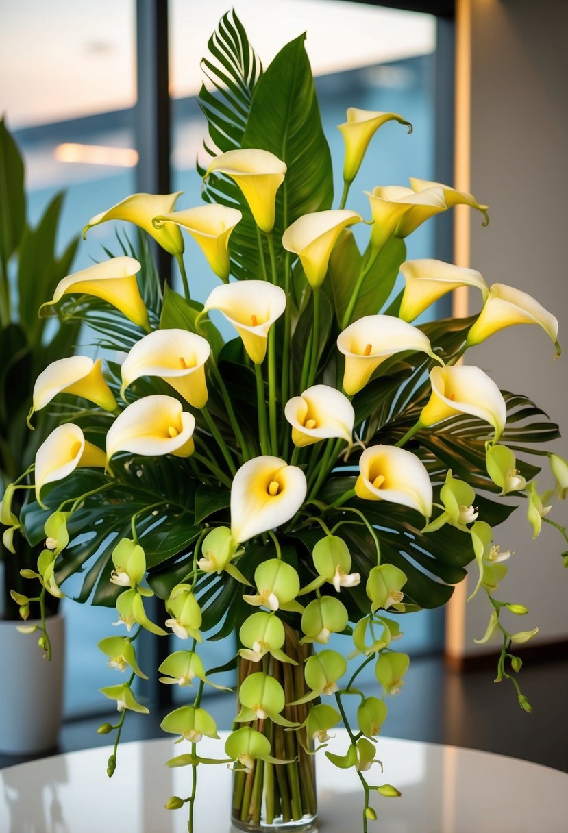 A vibrant bouquet of tropical calla lilies and green orchids arranged in a cascading design