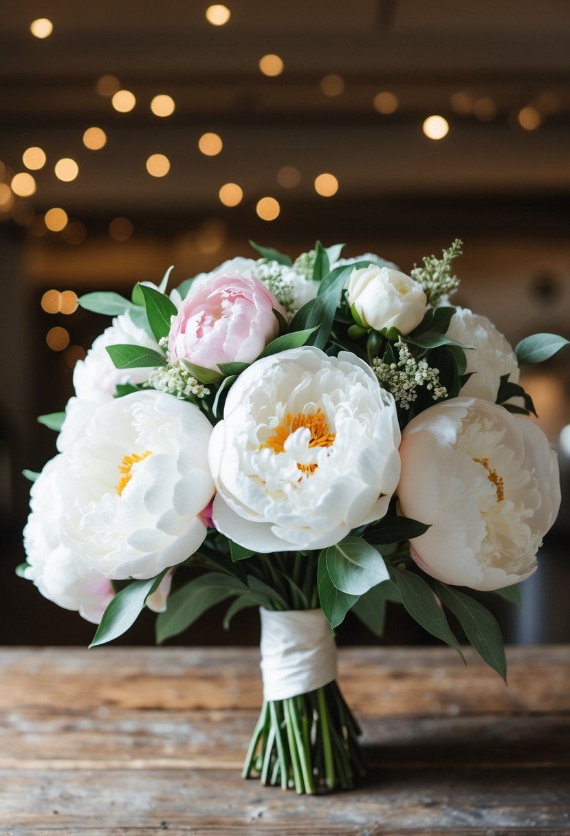 A white silk peony and rose wedding bouquet displayed on a rustic wooden table