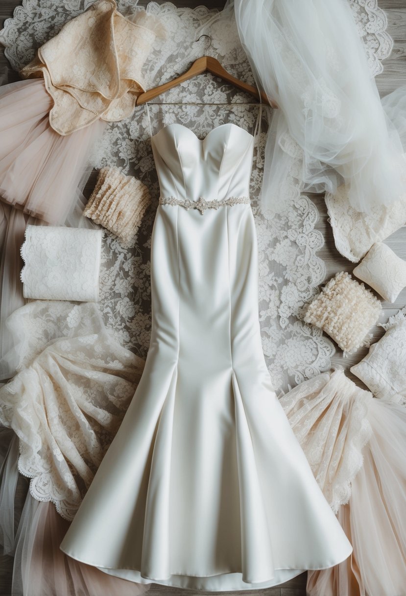 A strapless mermaid wedding dress hanging on a mannequin, surrounded by lace and tulle fabric swatches